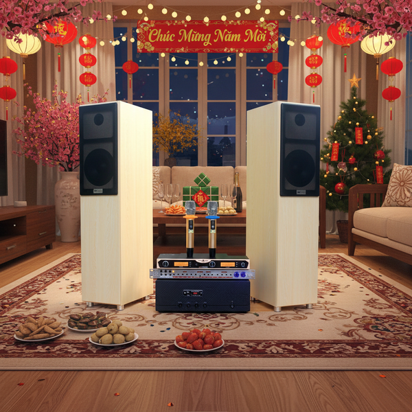 Dàn loa cây karaoke gia đình K386 (01 đẩy 1200w + 01 Vang + 01 bộ Micro không dây + loa 386) - Hàng trưng bày đồng giá cuối năm