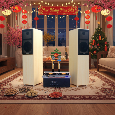 Dàn loa cây karaoke gia đình K386 (01 đẩy 1200w + 01 Vang + 01 bộ Micro không dây + loa 386) - Hàng trưng bày đồng giá cuối năm