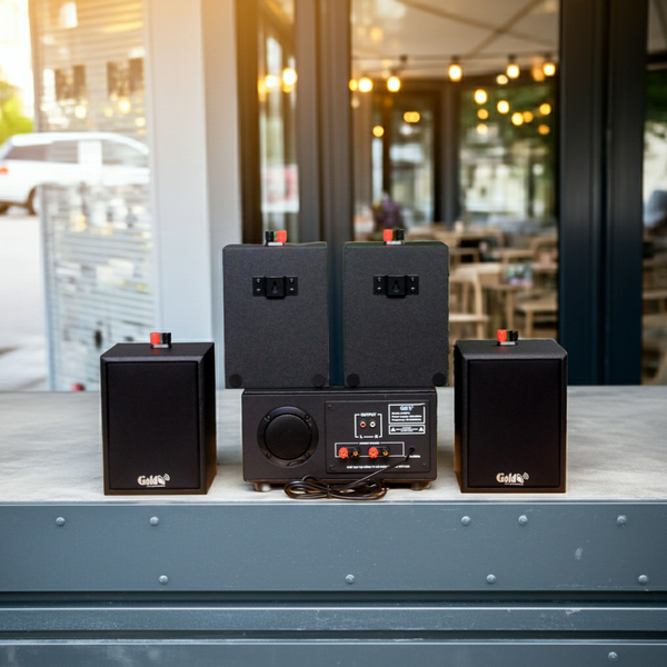 Dàn loa treo tường: Amply A156PU Goldsound 200w + 4 loa Goldsound V24c - 24w, loa được thiết kế riêng cho quán, bật lớn không tạp âm, bảo hành dài hạn 5 năm.