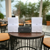 Dàn loa sân vườn: Amply A384PU-4K Goldsound 4 vùng âm lượng 800w + 4 loa ngoài trời V130NT màu trắng 130w, loa được thiết kế riêng cho quán, bật lớn không tạp âm, miễn phí công lắp đặt, bảo hành 12 tháng