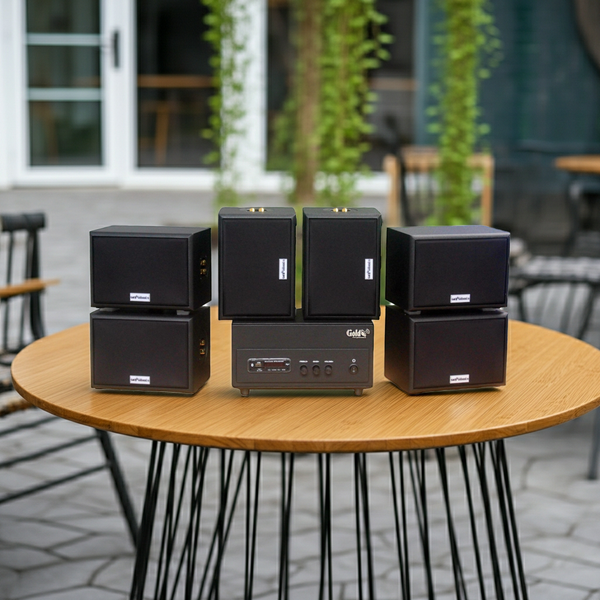 Dàn loa sân vườn: Amply A156PU Goldsound 200w + 6 loa Goldsound ngoài trời V101-NT - 15w, loa được thiết kế riêng cho quán, bật lớn không tạp âm, không bao gồm công lắp đặt, bảo hành 12 tháng