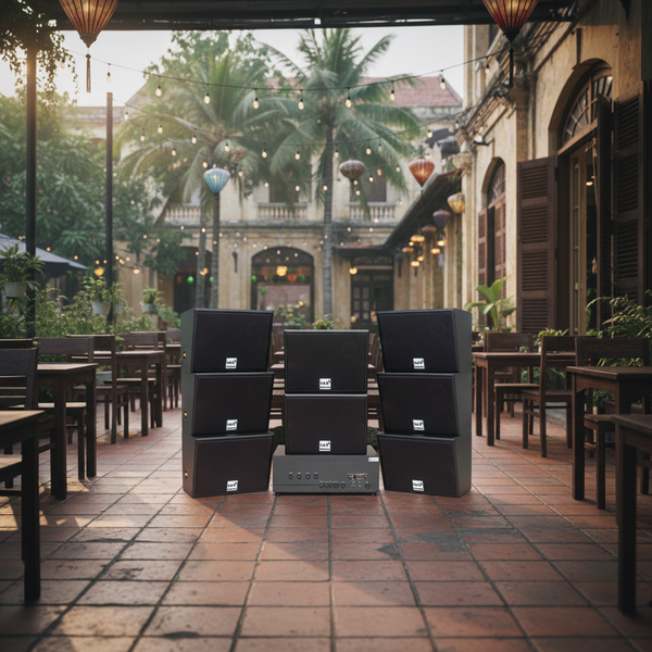 Loa treo tường: Amply A917 - 4K + 8 loa V130, Amply 4 - 6 vùng âm lượng, loa được thiết kế riêng, bật lớn không tạp âm, miễn phí công lắp đặt, bảo hành dài hạn 5 năm.