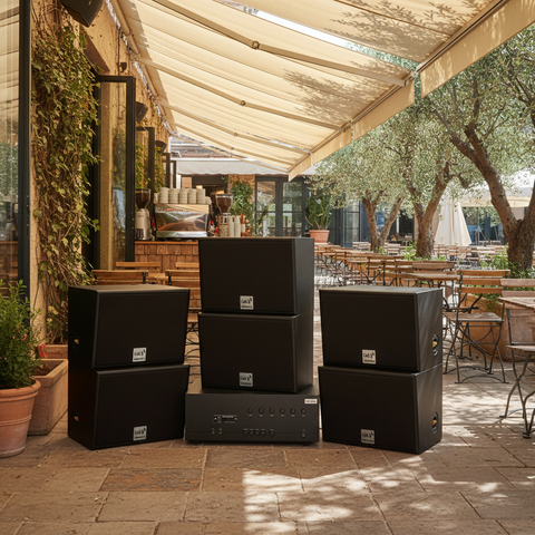 Dàn loa treo tường: Amply A384-6K Goldsound 6 vùng âm lượng 1200w + 6 loa Goldsound V130 - 130w, Amply 4 - 6 vùng âm lượng, loa được thiết kế riêng cho quán, bật lớn không tạp âm, miễn phí công lắp đặt, bảo hành dài hạn 5 năm.