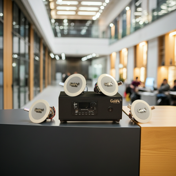 Dàn loa âm trần thông báo, phát nhạc nền tự động: A2.0PU Goldsound 60w + 4 loa âm trần VAT8, loa được thiết kế riêng cho quán, bật lớn không tạp âm, miễn phí công lắp đặt, bảo hành dài hạn 12 tháng