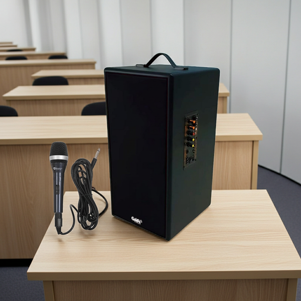 Loa trường học D165PU-PI  + 1 micro dây: pin 4-6h, công suất 165w, bass 20 cm, treble 10 cm, bluetooth 5.0, cổng cắm Micro, cổng rca, khe usb, thiết kế loa thùng gỗ cao 57 cm, rộng 28 cm, sâu 30 cm. Bảo hành 12 tháng