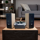 Dàn loa cây karaoke gia đình K385 vân gỗ sáng (01 amply 1200w + 02 loa 380w + 01 vang cơ + bộ Micro không dây)