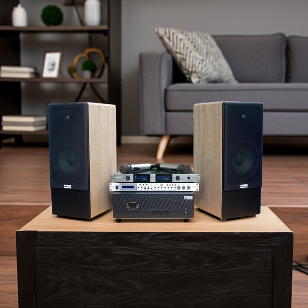 Dàn loa cây karaoke gia đình K385 vân gỗ sáng (01 amply 1200w + 02 loa 380w + 01 vang cơ + bộ Micro không dây)