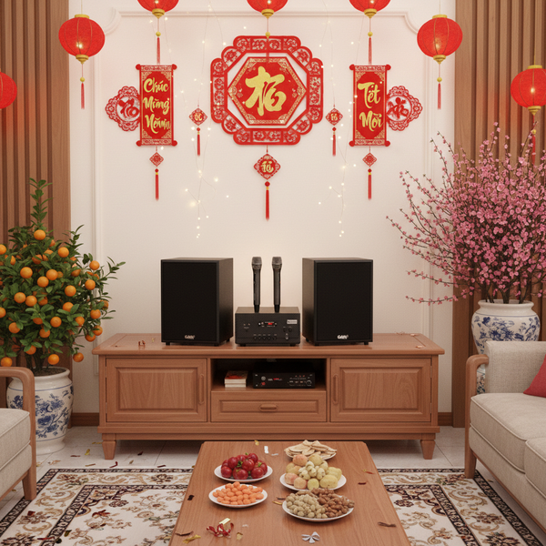 DÀN KARAOKE GOLD120MI: (AMPLY 900W tích hợp Micro không dây + 2 V120 120W)