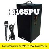 Loa trường học D165PU + 1 micro dây: công suất 165w, bass 20 cm, treble 10 cm, bluetooth 5.0, cổng cắm Micro, cổng rca, khe usb, thiết kế loa thùng gỗ cao 57 cm, rộng 28 cm, sâu 30 cm. Bảo hành 12 tháng