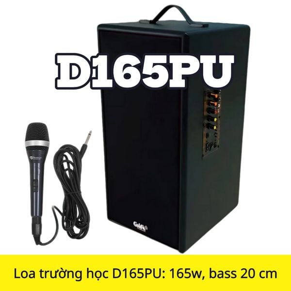 Loa trường học D165PU + 1 micro dây: công suất 165w, bass 20 cm, treble 10 cm, bluetooth 5.0, cổng cắm Micro, cổng rca, khe usb, thiết kế loa thùng gỗ cao 57 cm, rộng 28 cm, sâu 30 cm. Bảo hành 12 tháng