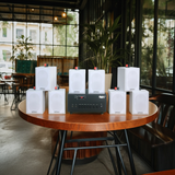 Loa treo tường thông báo phát nhạc nền tự động Gold4cafe 8.0 (01 amply + 08 loa treo tường màu trắng), Amply 2 vùng âm lượng, loa được thiết kế riêng cho quán, bật lớn không tạp âm, bảo hành dài hạn 5 năm.