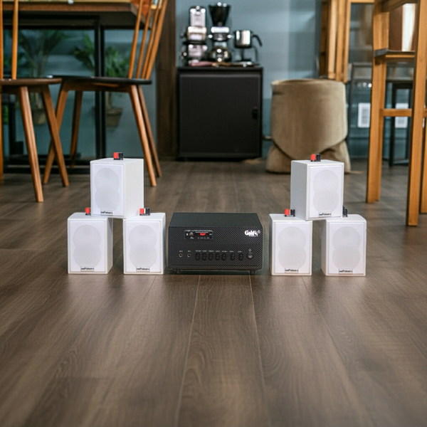 Loa hộp treo tường thông báo phát nhạc nền tự động Gold4cafe 6.0 (01 amply + 06 loa treo tường màu trắng), Amply 2 vùng âm lượng, loa được thiết kế riêng cho quán, bật lớn không tạp âm, bảo hành dài hạn 5 năm.