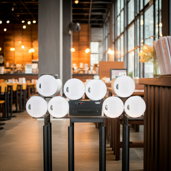 Loa âm trần thông báo phát nhạc nền tự động Gold4cafe 8.0 (01 Amply + 8 loa âm trần), loa được thiết kế riêng cho quán, bật lớn không tạp âm, bảo hành dài hạn 5 năm.