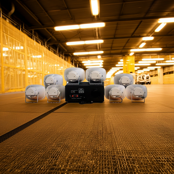 Loa thông báo nhà xưởng: 1 Amply A907PU-100V + 8 Ne20w, Amply hai vùng âm lượng, loa được thiết kế riêng, bật lớn không tạp âm, miễn phí công lắp đặt, bảo hành dài hạn 12 tháng