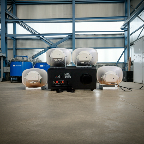 Loa thông báo nhà xưởng: 1 Amply A907PU-100V + 04 Ne20w, Amply hai vùng âm lượng, loa được thiết kế riêng, bật lớn không tạp âm, miễn phí công lắp đặt, bảo hành dài hạn 12 tháng