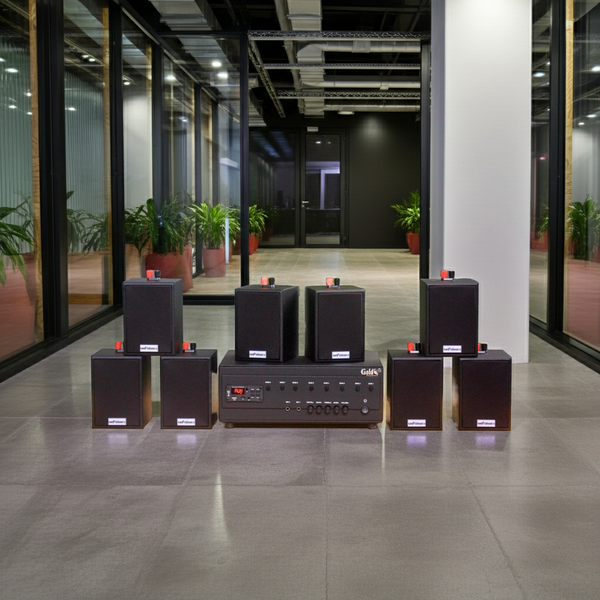 Loa treo tường thông báo, phát nhạc nền tự động A384PU-8V Goldsound 8 vùng âm lượng 3w + 8 loa Goldsound V12, loa được thiết kế riêng cho quán, bật lớn không tạp âm, miễn phí công lắp đặt, bảo hành dài hạn 5 năm.