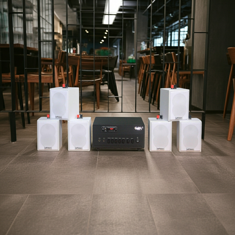 [Diện tích 100m2 + 2 Kênh] Loa thông báo, loa phát nhạc nền tự động Gold4cafe 6.0 (01 amply + 06 loa treo tường màu trắng), Amply 2 vùng âm lượng, loa được thiết kế riêng cho quán, bật lớn không tạp âm, bảo hành dài hạn 5 năm.