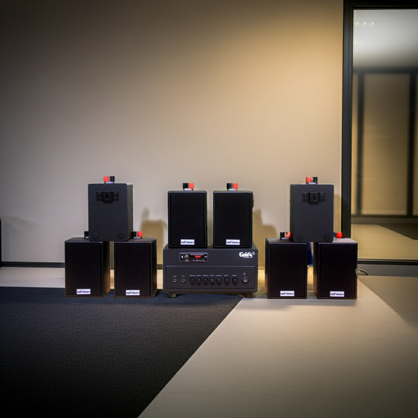 Dàn loa thông báo phát nhạc nền tự động Gold4cafe 8.0 (01 amply + 08 loa treo tường), Amply 2 vùng âm lượng, loa được thiết kế riêng cho quán, bật lớn không tạp âm, bảo hành dài hạn 5 năm.