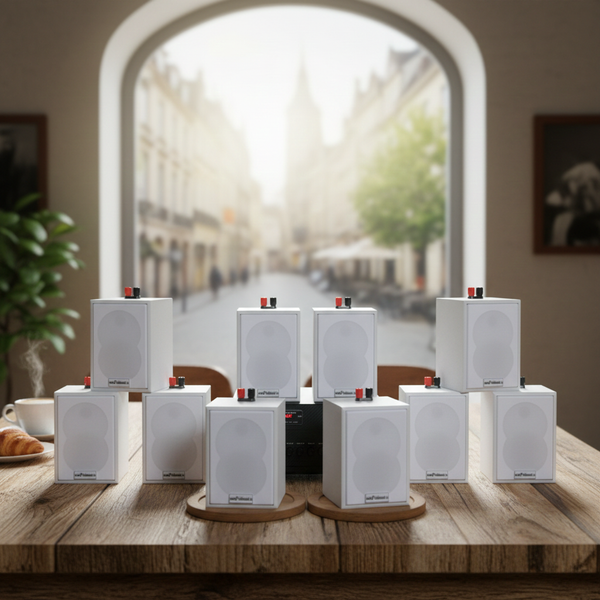 Loa treo tường thông báo phát nhạc nền tự động Gold4cafe 8.0 (01 amply + 08 loa treo tường màu trắng), Amply 2 vùng âm lượng, loa được thiết kế riêng cho quán, bật lớn không tạp âm, bảo hành dài hạn 5 năm.