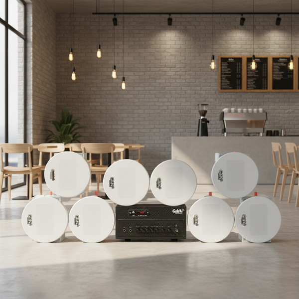 Loa âm trần thông báo phát nhạc nền tự động Gold4cafe 8.0 (01 Amply + 8 loa âm trần), loa được thiết kế riêng cho quán, bật lớn không tạp âm, bảo hành dài hạn 5 năm.