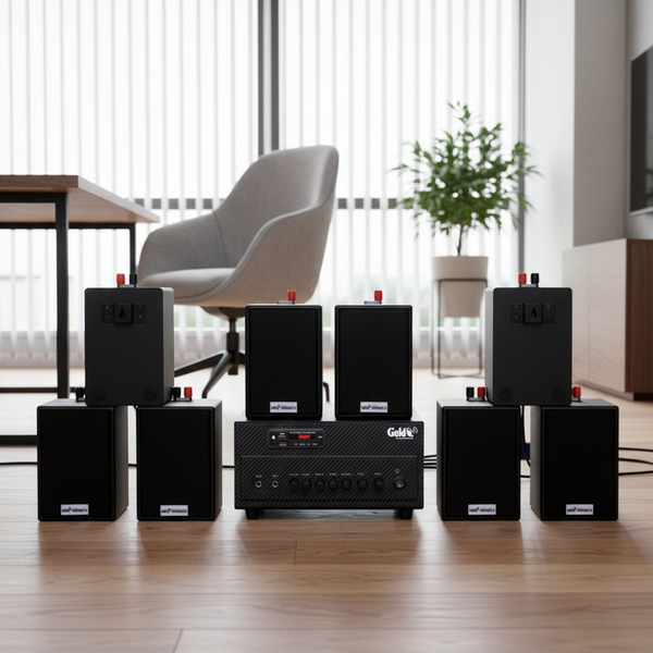 Dàn loa thông báo phát nhạc nền tự động Gold4cafe 8.0 (01 amply + 08 loa treo tường), Amply 2 vùng âm lượng, loa được thiết kế riêng cho quán, bật lớn không tạp âm, bảo hành dài hạn 5 năm.