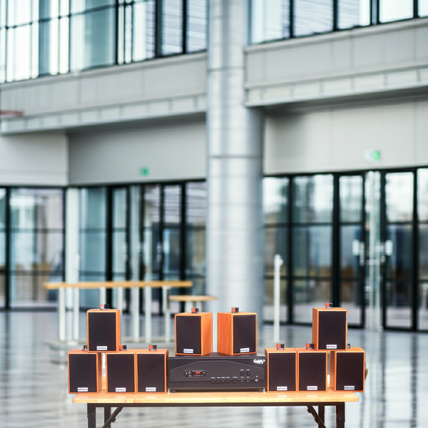 Loa thông báo phát nhạc nền tự động Gold4cafe 10.0 màu vân gỗ đỏ (10 loa + 1 amply), Amply 1200w - 2 vùng âm lượng, loa được thiết kế riêng cho quán, bật lớn không tạp âm, bảo hành dài hạn 5 năm