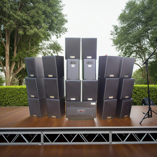 Loa treo tường phát nhạc nền quán cafe, nhà hàng: Amply A1800 Goldsound 4 vùng âm lượng 1800w + 18 loa Goldsound V25C 25W, Amply 4 - 6 vùng âm lượng, loa được thiết kế riêng cho quán