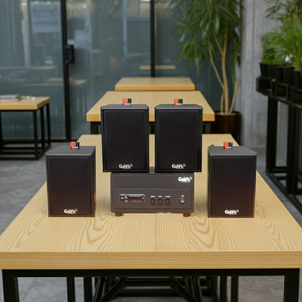 Loa treo tường phát nhạc nền thông báo: Amply A156PU Goldsound 200w + 4 loa Goldsound V25c - 25w, loa được thiết kế riêng cho quán, bật lớn không tạp âm, không bao gồm công lắp đặt, bảo hành 5 năm