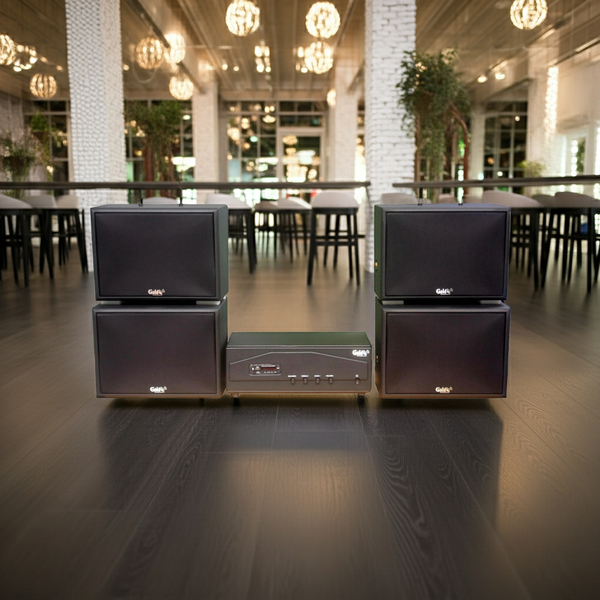 Dàn loa treo tường: Amply A918PU-2K Goldsound 2 vùng âm lượng 1200w + 4 loa Goldsound V130PU-MT, loa được thiết kế riêng cho quán, bật lớn không tạp âm, miễn phí công lắp đặt, bảo hành dài hạn 5 năm
