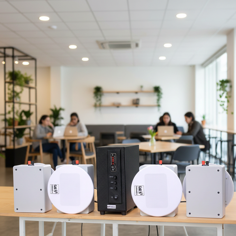 Loa âm trần thông báo, phát nhạc nền: Âm ly A155 + 4 VAT38, loa được thiết kế riêng cho quán, bật lớn không tạp âm, miễn phí công lắp đặt, bảo hành dài hạn 5 năm.