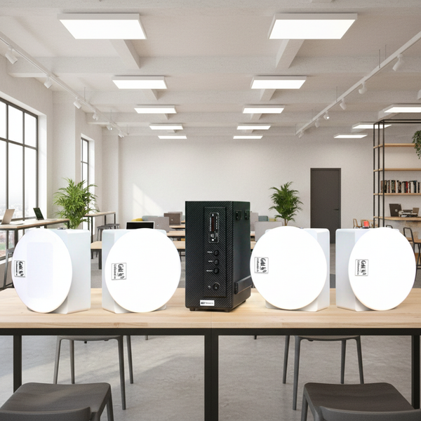 Loa âm trần thông báo, phát nhạc nền tự động: Amply AMT155 + 4 VAT38, loa được thiết kế riêng cho quán, bật lớn không tạp âm, miễn phí công lắp đặt, bảo hành dài hạn 5 năm.