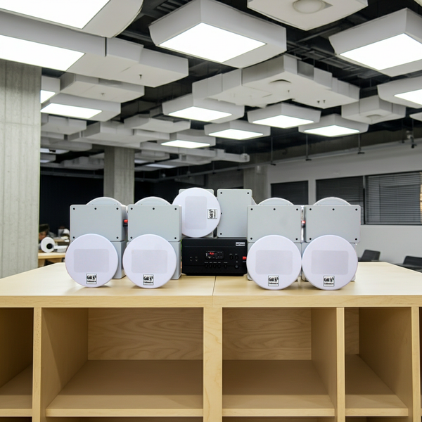 Loa âm trần thông báo, phát nhạc nền: Âm ly A917 Goldsound 2 vùng âm lượng 1200w + 10 loa âm trần Goldsound VAT38 38w, loa được thiết kế riêng cho quán, bật lớn không tạp âm, miễn phí công lắp đặt, bảo hành dài hạn 5 năm.