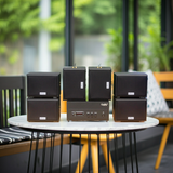 Dàn loa sân vườn: Amply A156PU Goldsound 200w + 6 loa Goldsound ngoài trời V101-NT - 15w, loa được thiết kế riêng cho quán, bật lớn không tạp âm, không bao gồm công lắp đặt, bảo hành 12 tháng