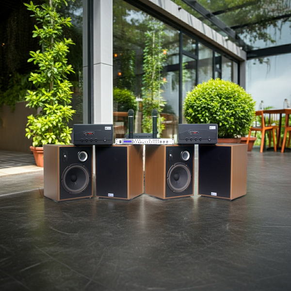 Dàn loa Acoustic: 2 Amply A907 + 4 V231 + 1 vang + 2 Micro