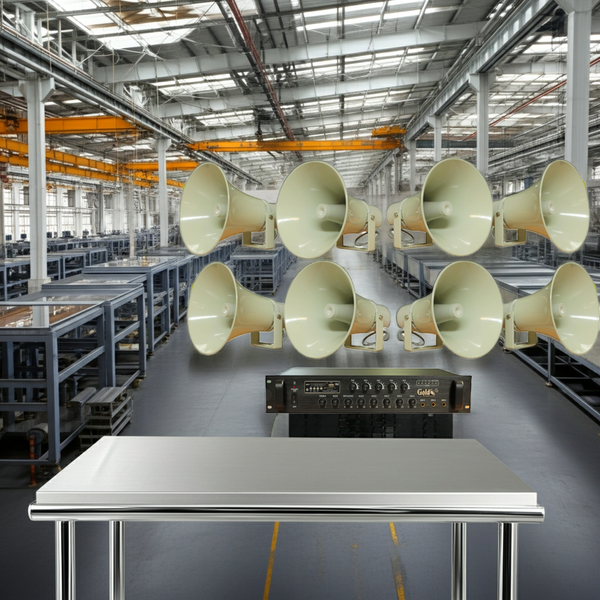 Loa thông báo nhà xưởng: 1 Amply A1000F + 08 Ne85w, Amply 5 vùng, loa được thiết kế riêng, bật lớn không tạp âm, miễn phí công lắp đặt, bảo hành dài hạn 12 tháng