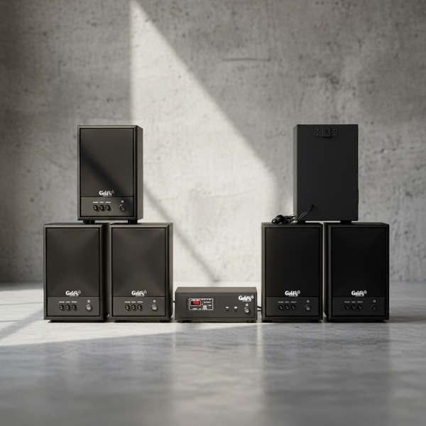 Dàn loa không dây treo tường, Loa thông báo, loa phát nhạc tự động : 01 amply A57 Goldsound + 6 loa không dây Goldsound V57 - 57w