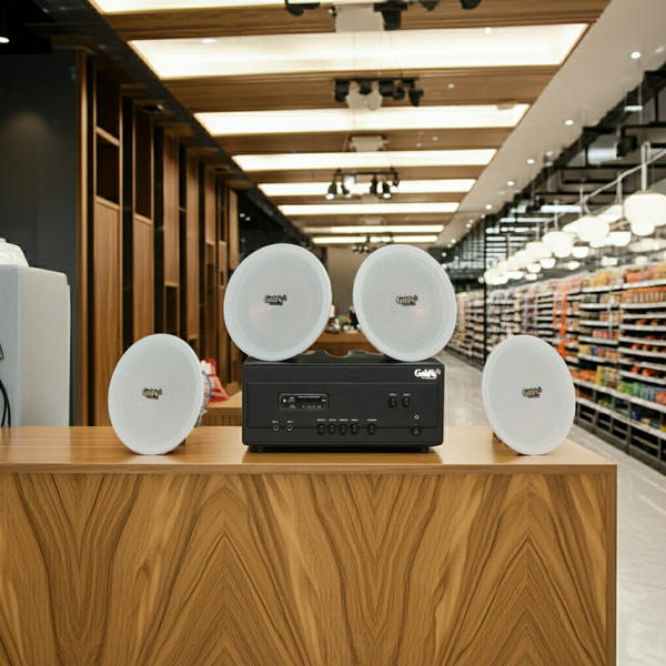 Dàn loa âm trần thông báo, phát nhạc nền tự động: A907PU-2K Goldsound 2 vùng âm lượng 900w + 4 loa âm trần VAT27, loa được thiết kế riêng cho quán, bật lớn không tạp âm, miễn phí công lắp đặt, bảo hành dài hạn 12 tháng