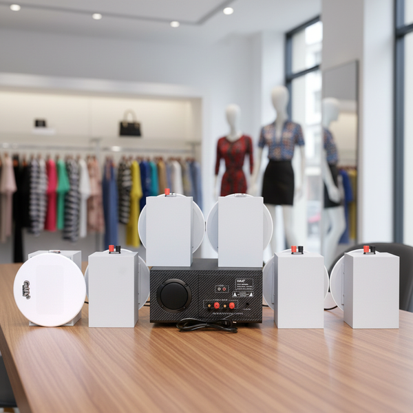 [Diện tích 100m2 + 2 Kênh] Loa thông báo, loa phát nhạc nền tự động Gold4cafe DA 6.0 (01 amply + 06 loa âm trần), Amply 2 vùng âm lượng, loa được thiết kế riêng cho quán, bật lớn không tạp âm, bảo hành dài hạn 5 năm.