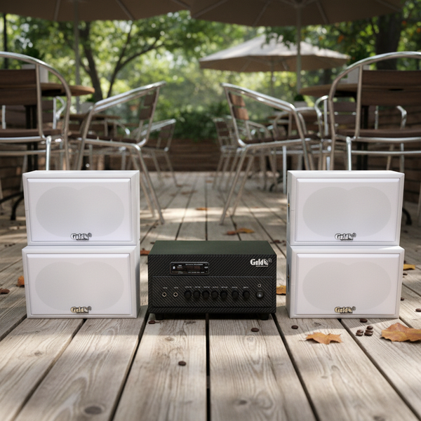 Loa treo tường, phát nhạc nền thông báo: A384 Goldsound 2 vùng âm lượng 380w + 4 loa Goldsound V50NT-PU, loa được thiết kế riêng cho quán, bật lớn không tạp âm, miễn phí công lắp đặt, bảo hành dài hạn 12 tháng
