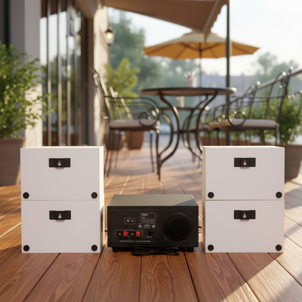 Loa treo tường, phát nhạc nền thông báo: A384 Goldsound 2 vùng âm lượng 380w + 4 loa Goldsound V50NT-PU, loa được thiết kế riêng cho quán, bật lớn không tạp âm, miễn phí công lắp đặt, bảo hành dài hạn 12 tháng