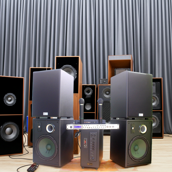 Dàn acoustic V230 - A906: 04 Loa V230 (bass loa 25cm), Công suất A906 (công suất 900w), 1 Mixer DbAcoustic KM315, 1 Cặp Micro