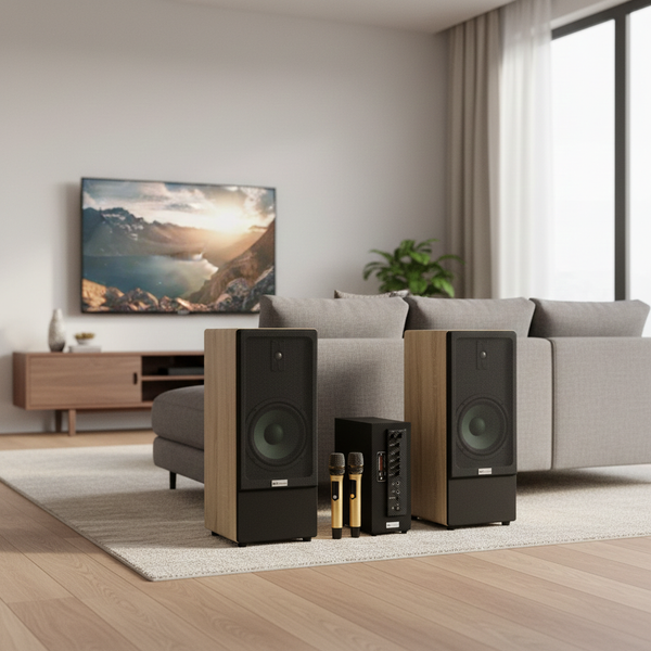 Dàn loa cây M385Mi (01 cục đẩy 900w tích hợp Micro + Loa cây 385 + 02 Micro)