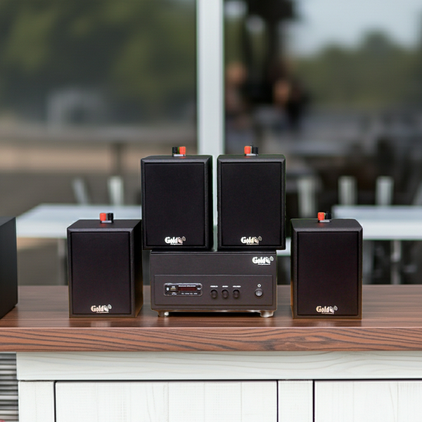 Dàn loa treo tường: Amply A156PU Goldsound 200w + 4 loa Goldsound V24c - 24w, loa được thiết kế riêng cho quán, bật lớn không tạp âm, bảo hành dài hạn 5 năm.