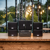 Dàn loa sân vườn: Amply A154PU Goldsound 150w + 4 loa Goldsound ngoài trời V101-NT - 15w, loa được thiết kế riêng cho quán, bật lớn không tạp âm, không bao gồm công lắp đặt, bảo hành 12 tháng