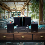 Dàn loa thông báo phát nhạc nền tự động: 1 Amply A154PU Goldsound 150w + 4 loa Goldsound V25c - 25w, loa được thiết kế riêng cho quán, bật lớn không tạp âm, miễn phí công lắp đặt, bảo hành dài hạn 5 năm.