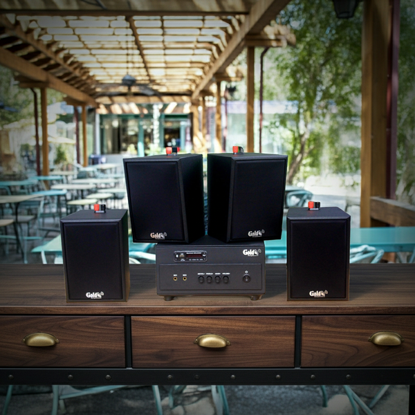 Dàn loa thông báo phát nhạc nền tự động: 1 Amply A154PU Goldsound 150w + 4 loa Goldsound V25c - 25w, loa được thiết kế riêng cho quán, bật lớn không tạp âm, miễn phí công lắp đặt, bảo hành dài hạn 5 năm.