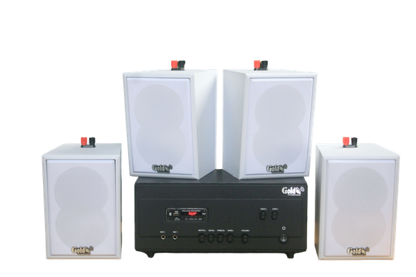 Loa thông báo, loa phát nhạc nền tự động A907PU-2K Goldsound 2 vùng âm lượng 900w + 4 loa Goldsound V25C màu trắng, loa được thiết kế riêng cho quán, bật lớn không tạp âm, miễn phí công lắp đặt, bảo hành dài hạn 5 năm.