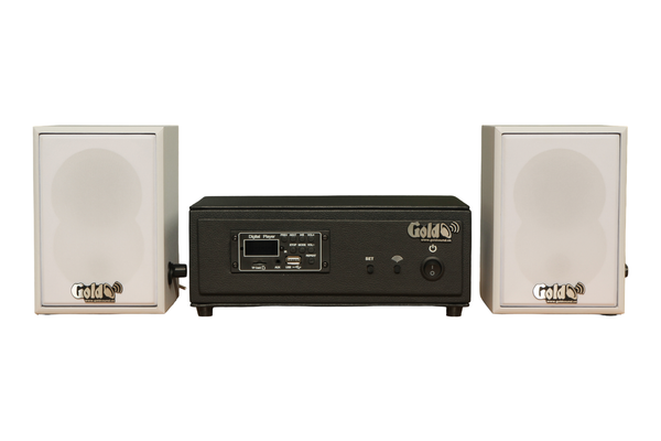 Dàn loa không dây treo tường, Loa thông báo, loa phát nhạc tự động: 01 amply A57 Goldsound + 2 loa không dây Goldsound V27 - 27w