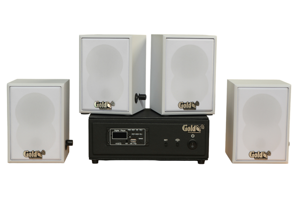 Dàn loa không dây treo tường, Loa thông báo, loa phát nhạc tự động: 01 amply A57 Goldsound + 4 loa không dây Goldsound V27 - 27w