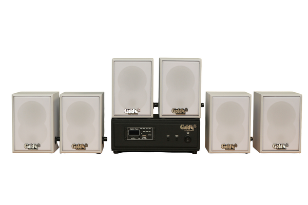 Dàn loa không dây treo tường, Loa thông báo, loa phát nhạc tự động: 01 amply A57 Goldsound + 6 loa không dây Goldsound V27 - 27w